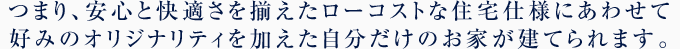 つまり、安心と快適さを揃えたローコストな住宅仕様にあわせて好みのオリジナリティを加えた自分だけのお家が建てられます。